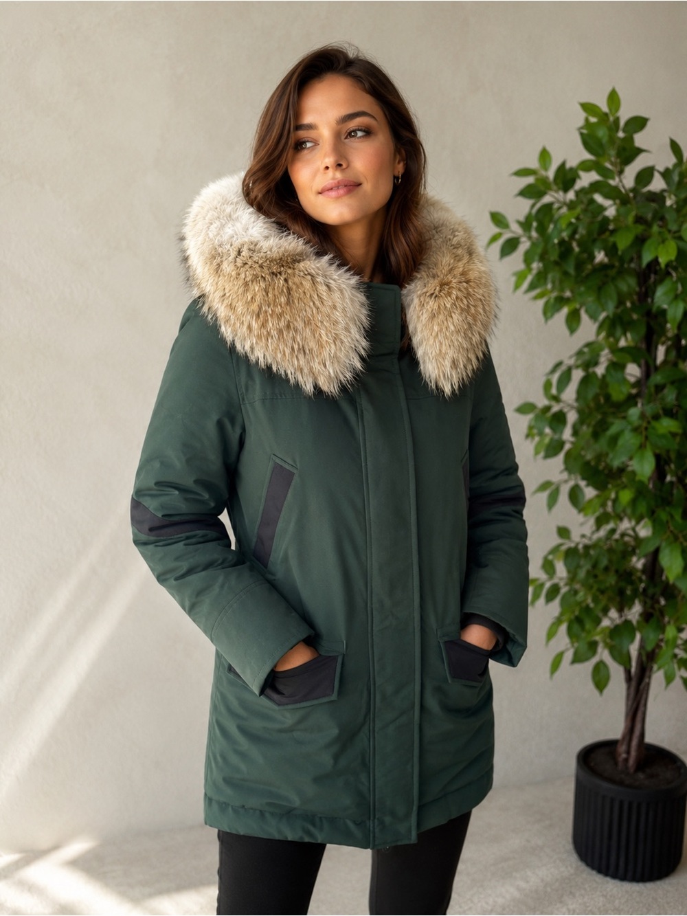 Women's Green Parka with Fur Trim